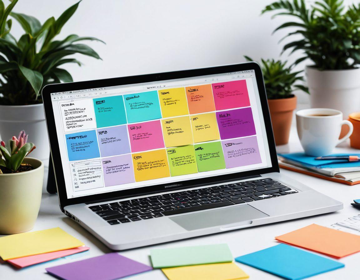 A visually engaging digital diary interface overflowing with colorful sticky notes, cheerful doodles, and creative icons representing blogging tools. In the background, a serene workspace with a laptop, steaming coffee cup, and potted plant, symbolizing creativity and productivity. The design showcases no-cost blogging elements like free templates, vibrant analytics charts, and community engagement icons. super-realistic. vibrant colors. white background.