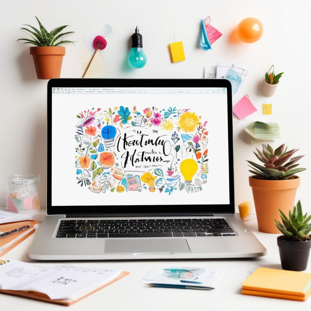 A creative workspace filled with colorful stationery, an open laptop displaying a blog layout, scattered notes with vibrant sketches and ideas; a light bulb glowing above symbolizing inspiration, and potted plants adding life to the scene. super-realistic. vibrant colors. white background.
