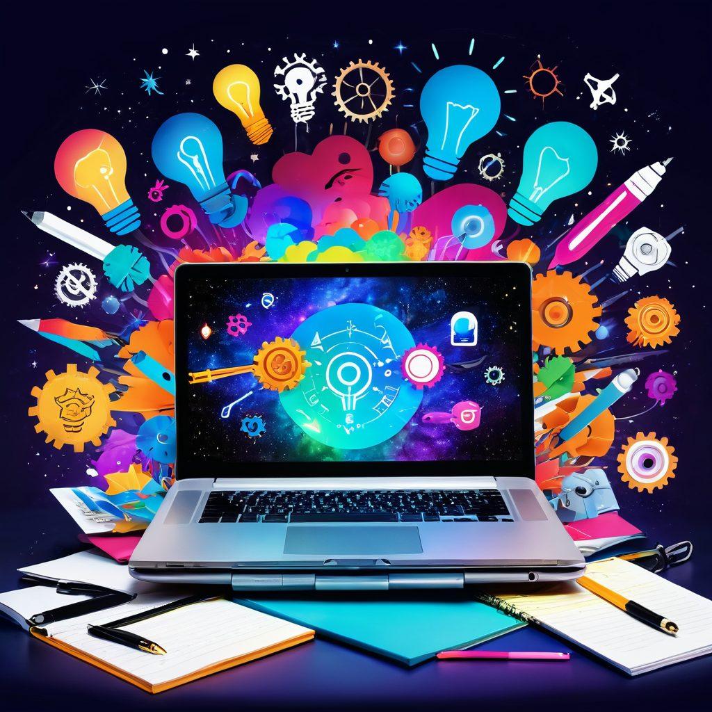 A vibrant landscape depicting an open laptop with colorful content creation tools scattered around it, including pens, notebooks, and digital icons like light bulbs and gears. In the background, a swirling galaxy symbolizes creativity and opportunity, while elements like a lock being unlocked represent 'unlocking' resources. The overall mood is inspiring and dynamic. super-realistic. vibrant colors. white background.